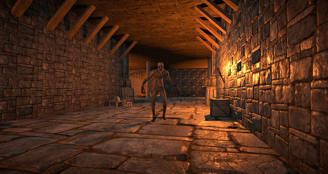 Zombie jumping towards the camera in a dimly lit room.