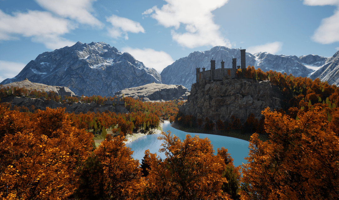 Picture of a castle on a hill in a woodland setting, made in Unreal Engine.