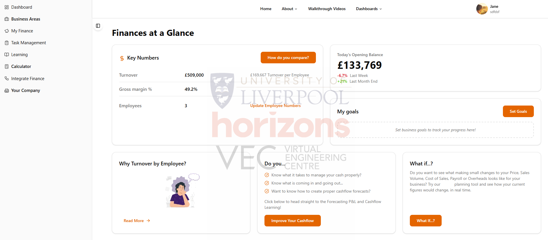 Screenshot of the financial dashboard showing key figures