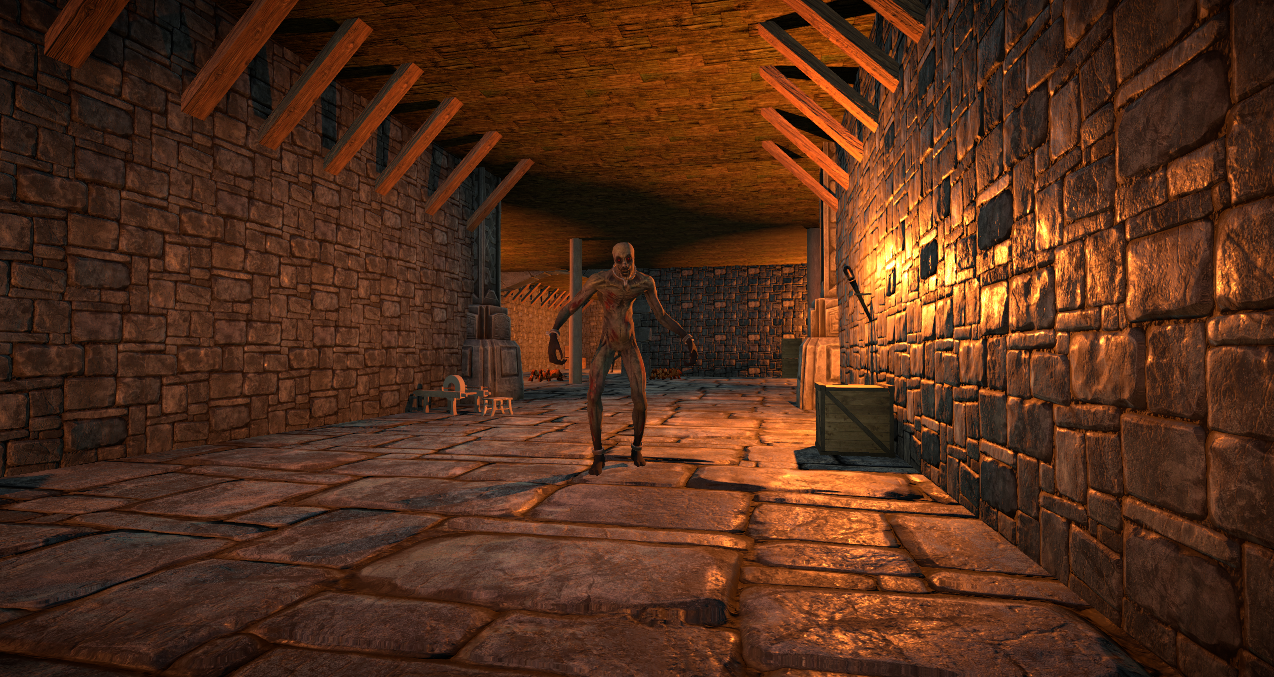 Zombie jumping towards the camera in a dimly lit room.