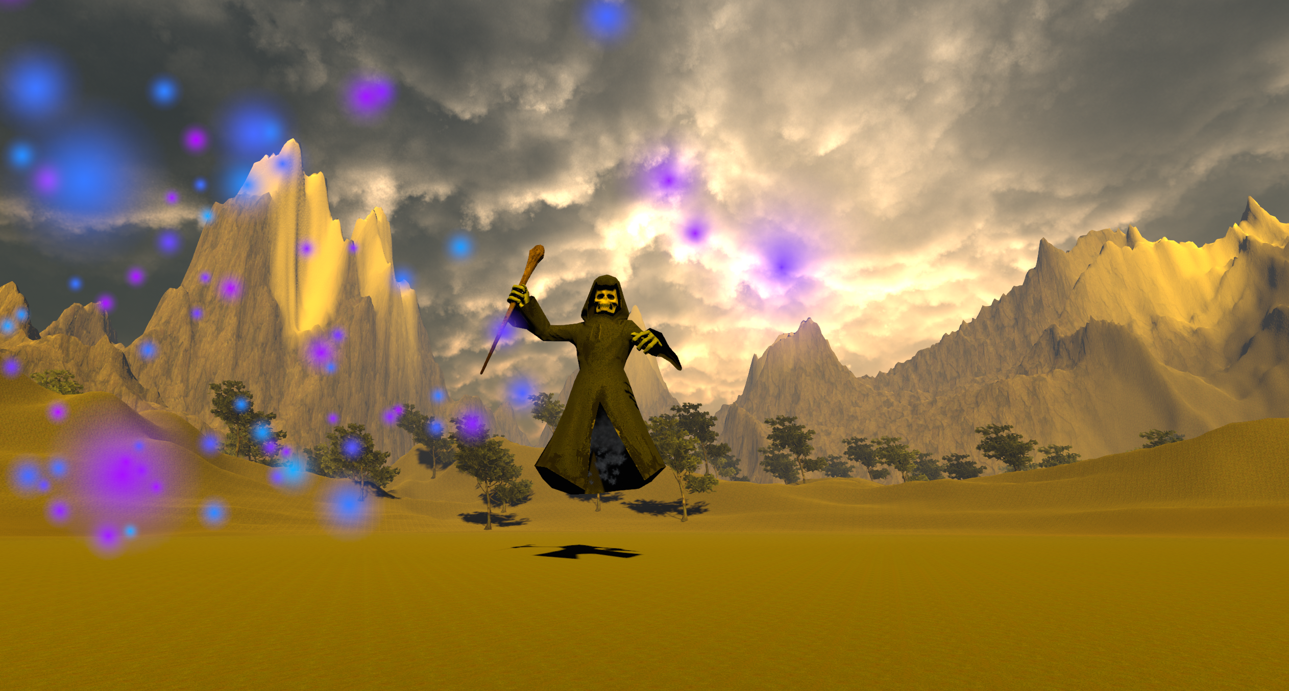 Large hooded and cloaked figure holding a wooden staff casting a spell.