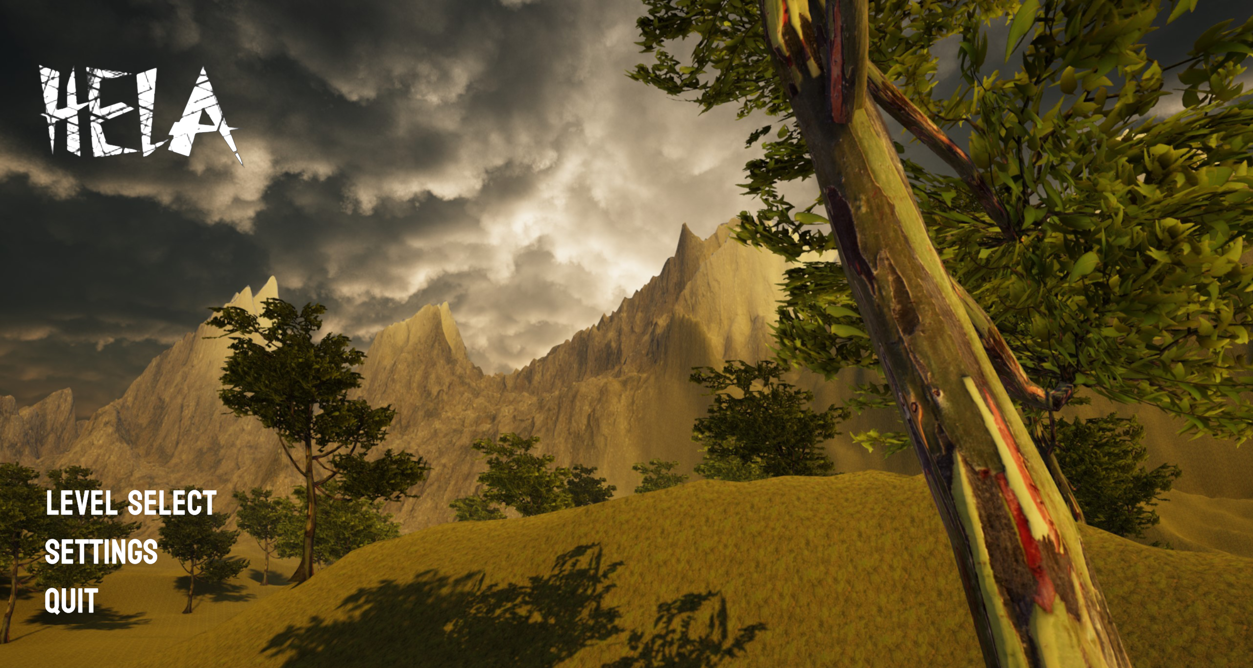 Main menu showing a tree and mountain range with menu options.
