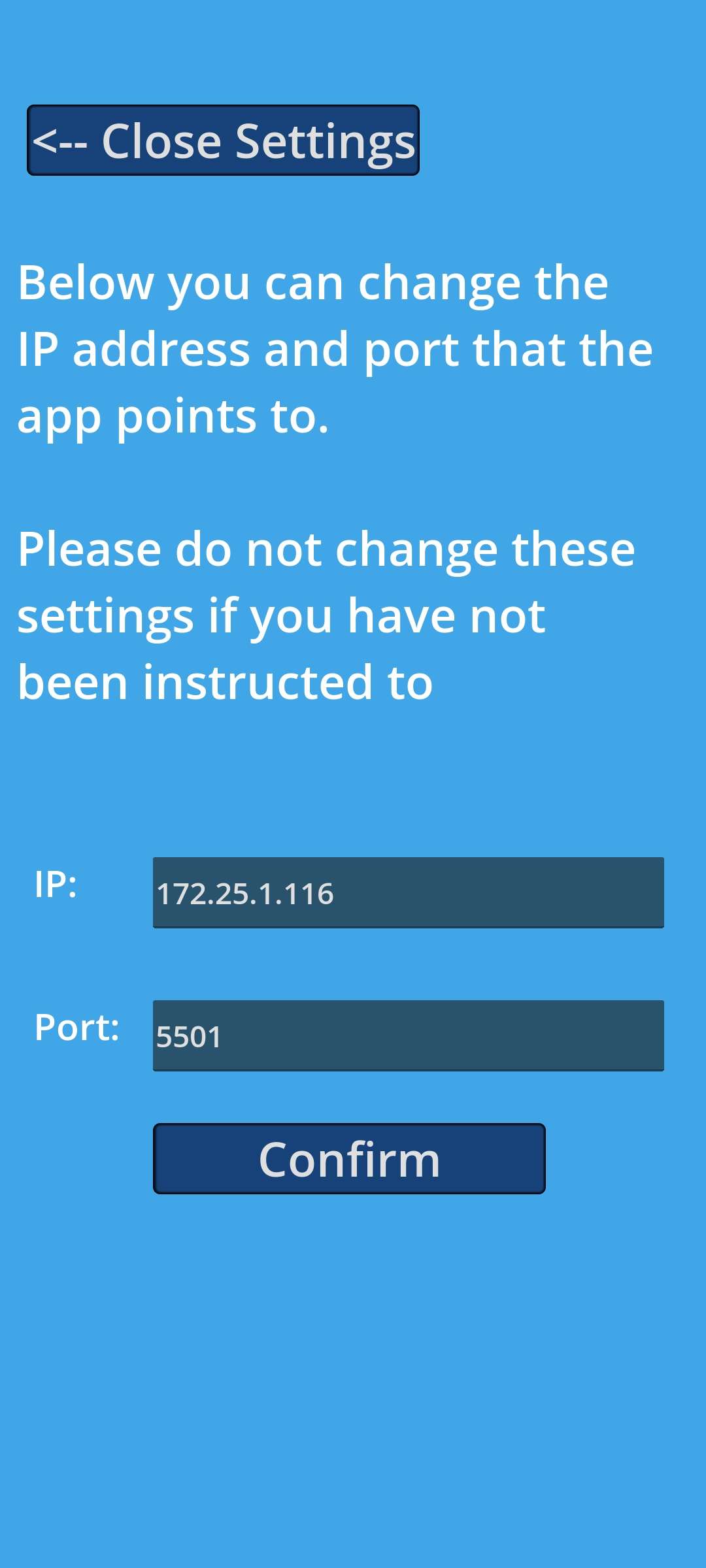 Settings page allowing the user to change the IP and port of the API
