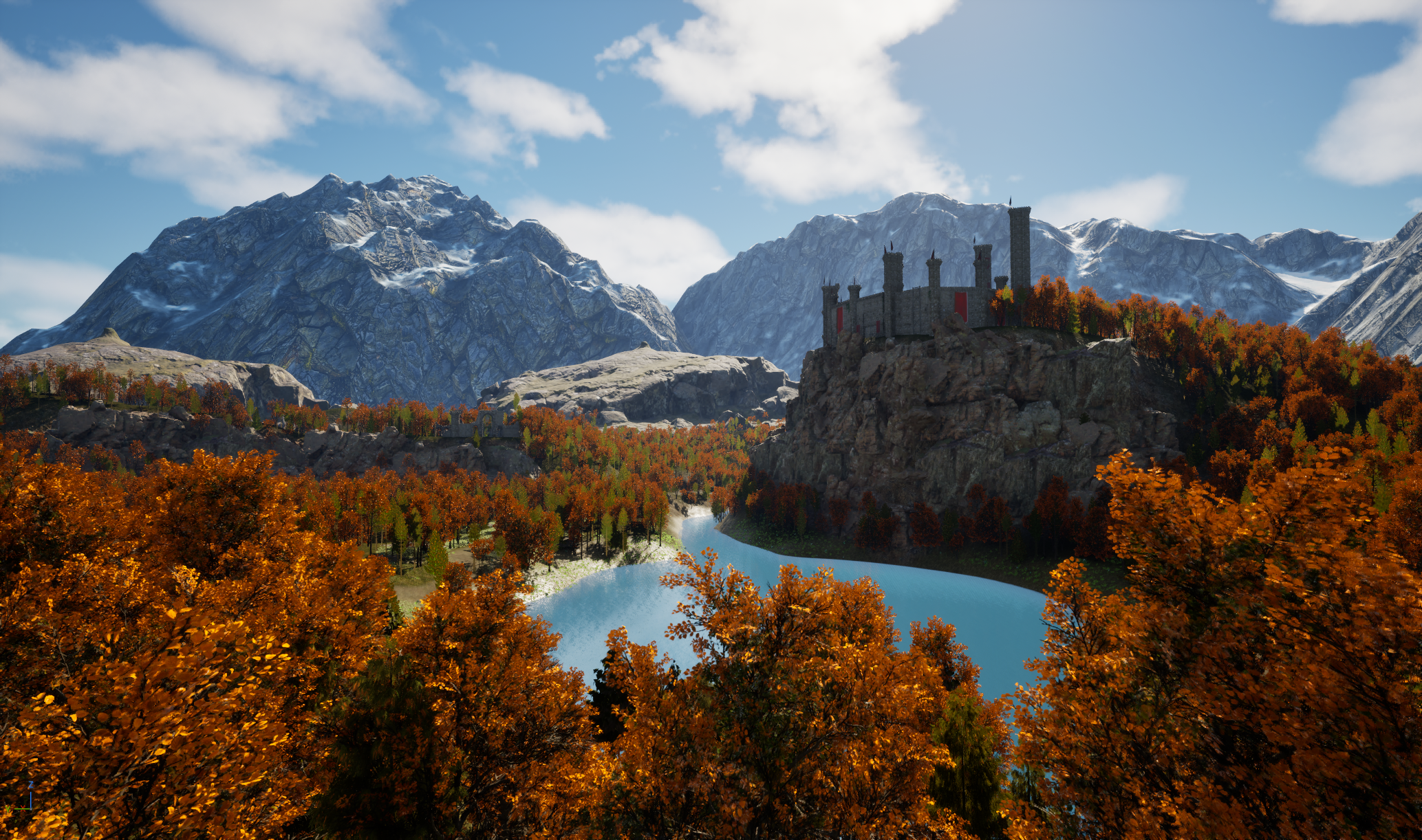 A castle on a hill in a woodland setting, made in Unreal Engine