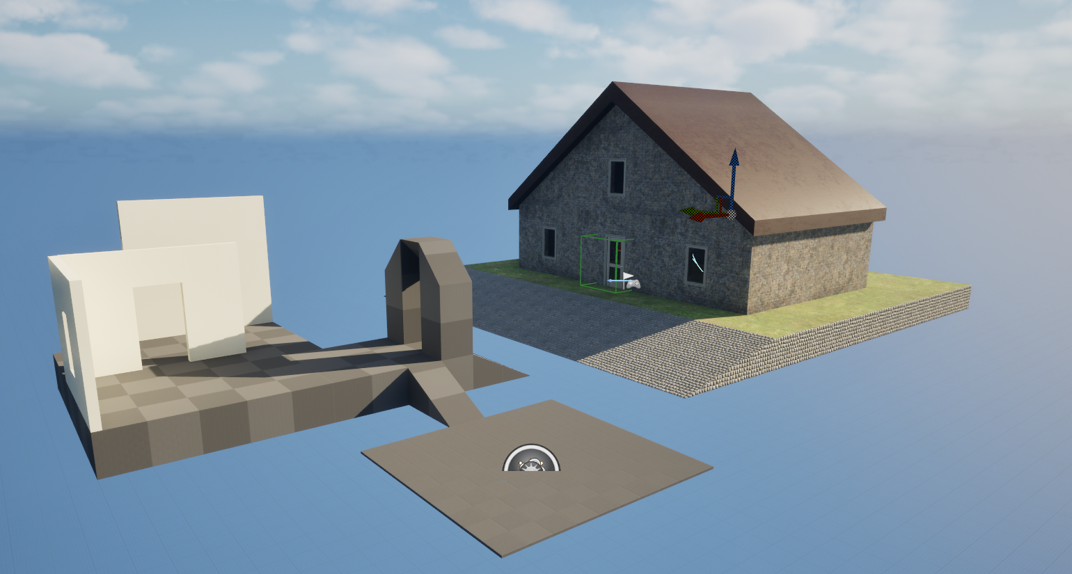 The very first level I made in Unreal Engine, a house floating on a platform