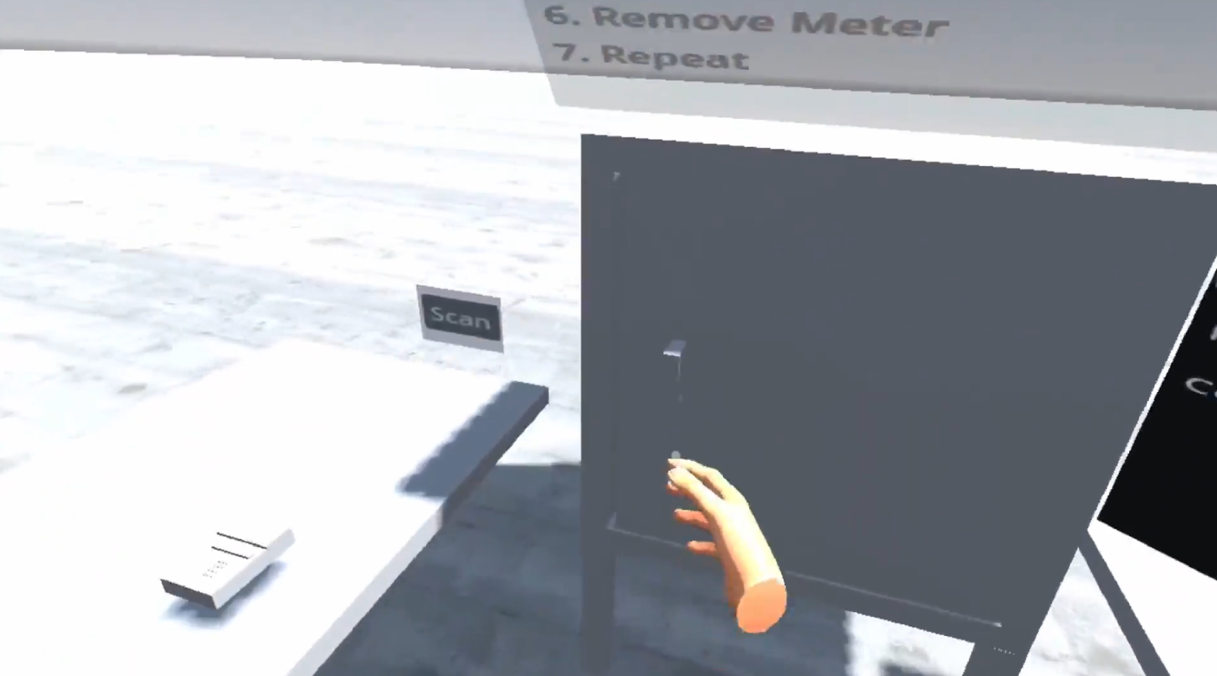 A VR hand reaching for a handle on a box
